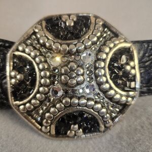 Leatherrock Black Leather and Silver Jeweled Buckle Women's Belt Made in USA